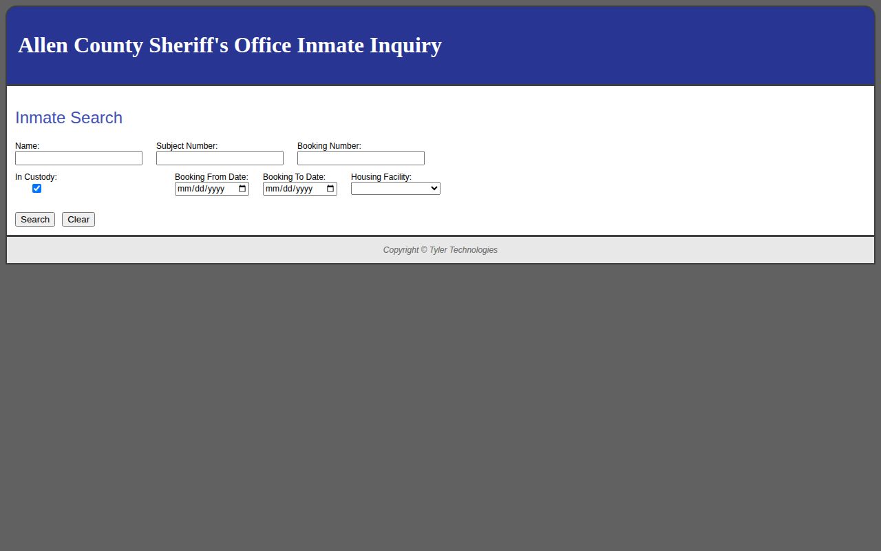 Allen County Sheriff inmate inquiry with custody and booking search controls