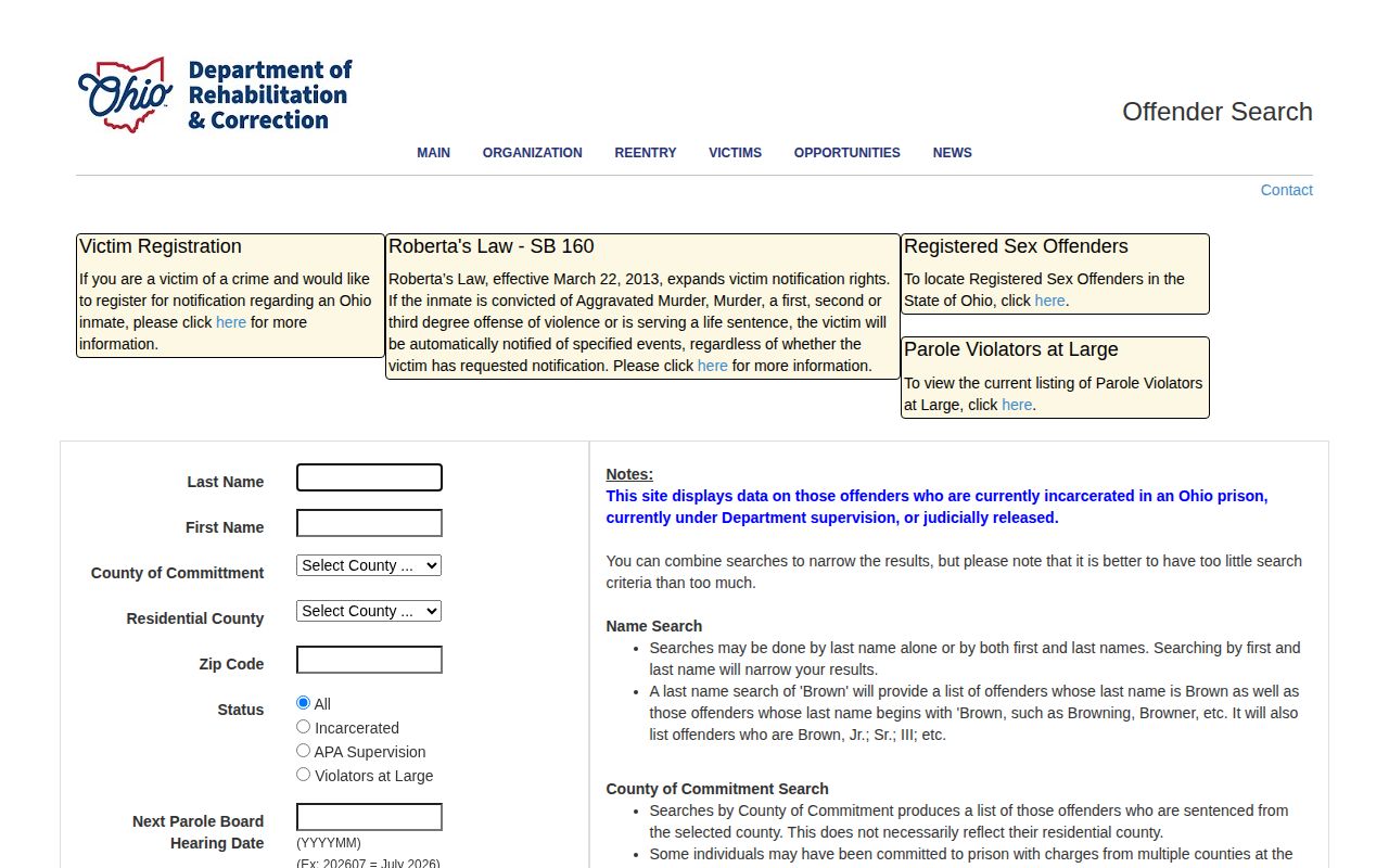 ODRC offender search fields and release status filters
