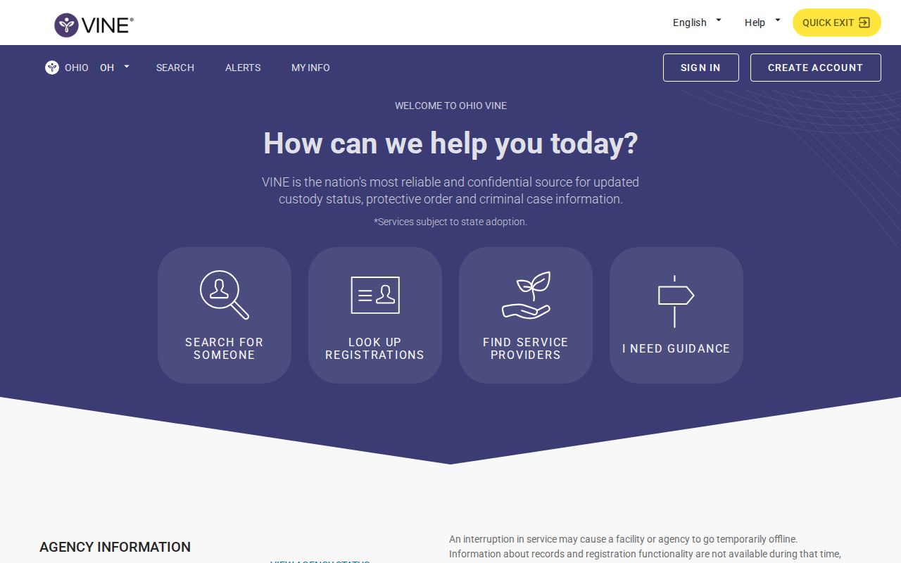 Ohio VINELink person search and notification registration entry