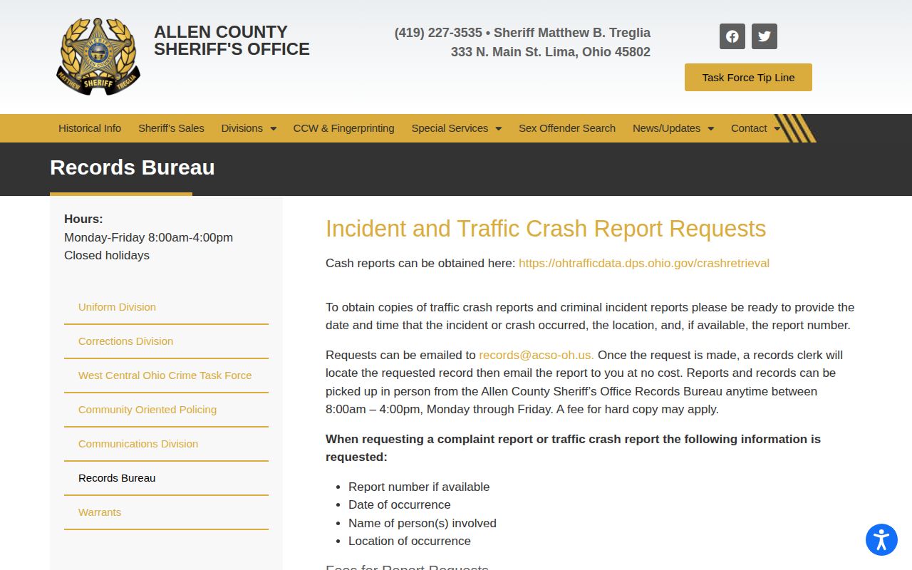 Allen County Sheriff Records Bureau request information