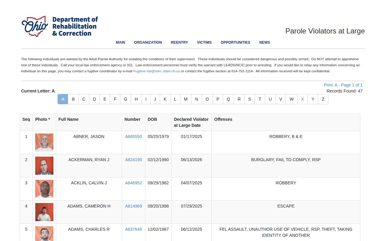 ODRC Parole Violators at Large lookup and warning