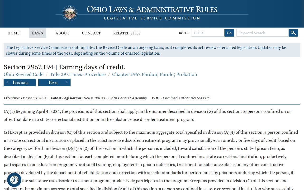 Ohio Revised Code earned-credit rules for projected release dates