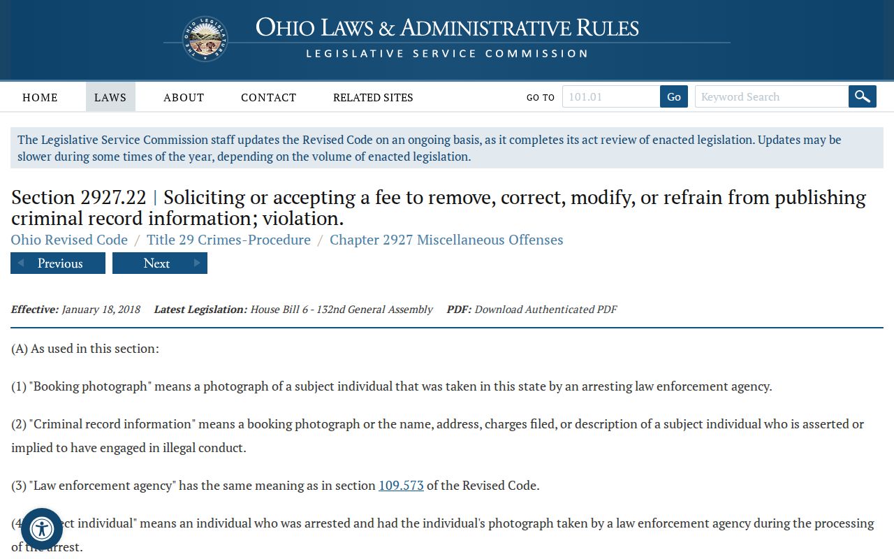 Ohio anti-pay-to-remove law for booking photographs